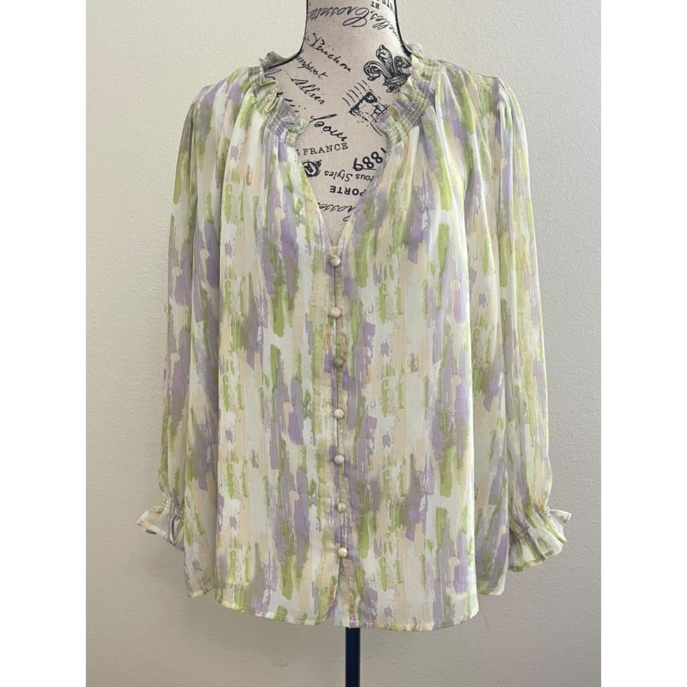Entro Watercolor Abstract Print Smocked Ruffle V-Neck Blouse Green Purple Large